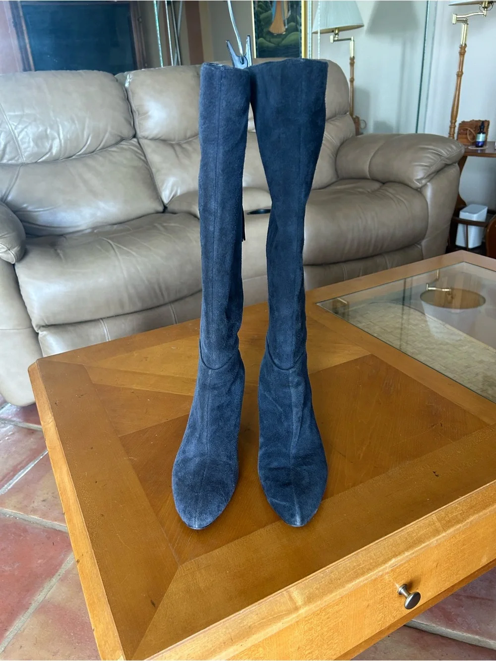 Bandolino Navy Suede Knee-High Boots With Back Fringe Tassels 8M